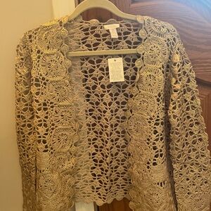 Chico's Open Crochet Cardigan in Taupe